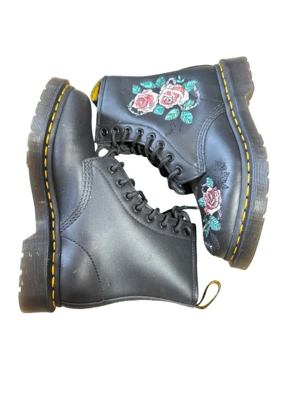 NEW Dr Martens Vonda Chain II Boots Size 6 Black Leather Embroidered Pink Roses